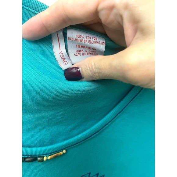Ysag Women's Size 14W/16W Flower Turquoise Graphic Design Shirt Small Stain READ - Picture 2 of 4